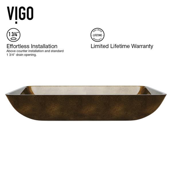 VIGO Glass&nbsp;15-in W x&nbsp;22-in L Rectangle Copper Vessel Bathroom Sink with Duris Faucet/Drain - Brushed Nickel