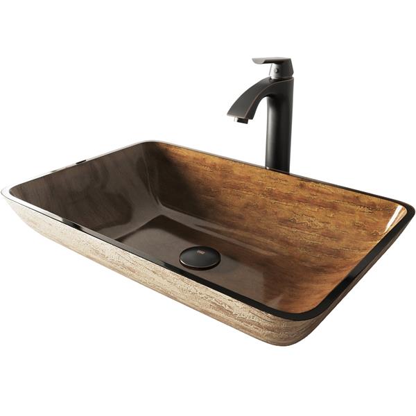 VIGO Glass&nbsp;15-in W x&nbsp;23-in L Rectangle Brown Vessel Bathroom Sink with Linus Faucet/Drain - Antique Rubbed Bronze