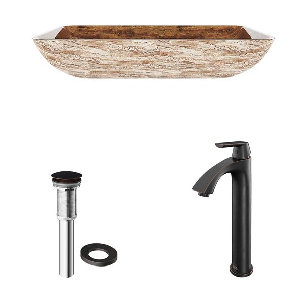 VIGO Glass&nbsp;15-in W x&nbsp;23-in L Rectangle Brown Vessel Bathroom Sink with Linus Faucet/Drain - Antique Rubbed Bronze