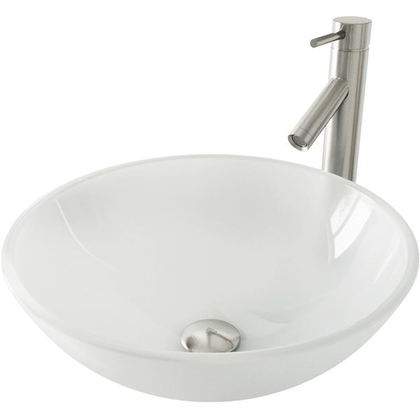 VIGO Glass&nbsp;17-in dia. White Round Vessel Bathroom Sink with Dior Faucet/Drain - Brushed Nickel