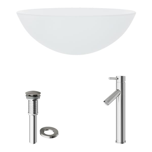 VIGO Glass&nbsp;17-in dia. White Round Vessel Bathroom Sink with Dior Faucet/Drain - Brushed Nickel