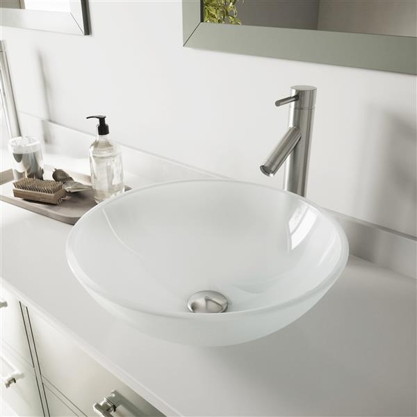 VIGO Glass&nbsp;17-in dia. White Round Vessel Bathroom Sink with Dior Faucet/Drain - Brushed Nickel