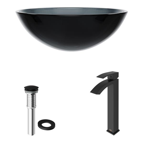 VIGO Glass&nbsp;17-in dia. Black Round Vessel Bathroom Sink with Duris Faucet/Drain - Matte Black