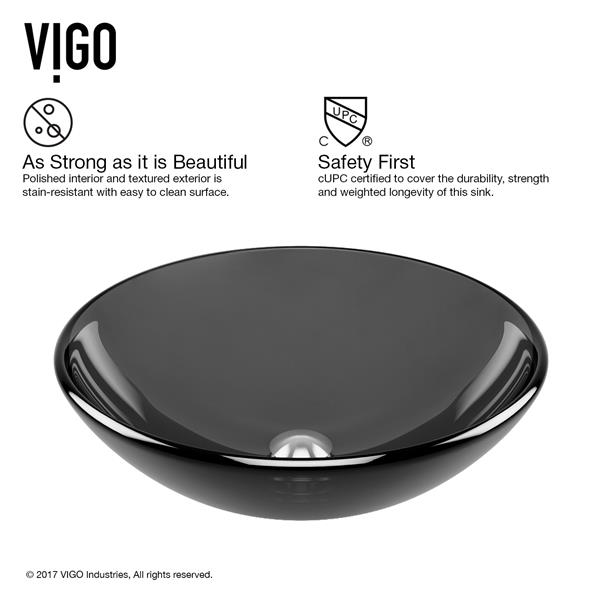 VIGO Glass&nbsp;17-in dia. Black Round Vessel Bathroom Sink with Duris Faucet/Drain - Matte Black