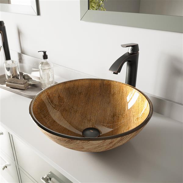 VIGO Glass&nbsp;17-in dia. Brown Round Vessel Bathroom Sink with Linus Faucet/Drain - Antique Rubbed Bronze