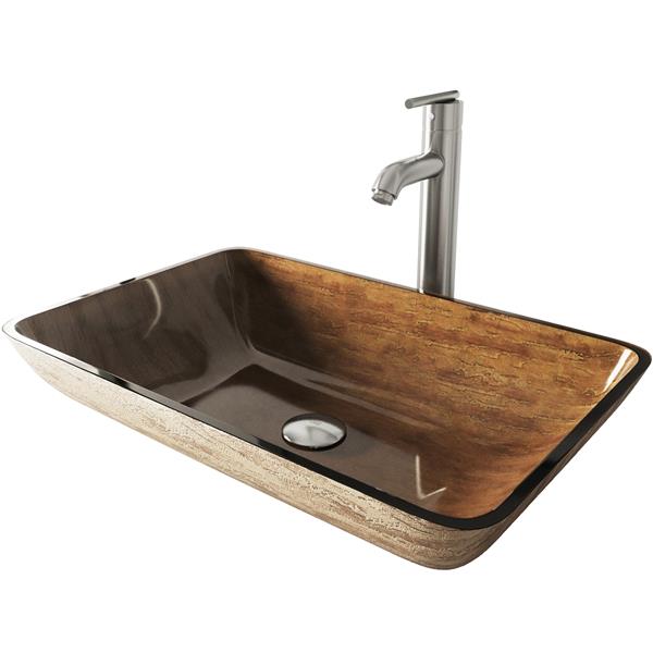 VIGO Glass&nbsp;15-in W x&nbsp;23-in L Rectangle Brown Vessel Bathroom Sink with Seville Faucet and Pop-Up - Brushed Nickel