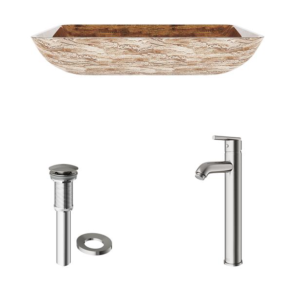 VIGO Glass&nbsp;15-in W x&nbsp;23-in L Rectangle Brown Vessel Bathroom Sink with Seville Faucet and Pop-Up - Brushed Nickel