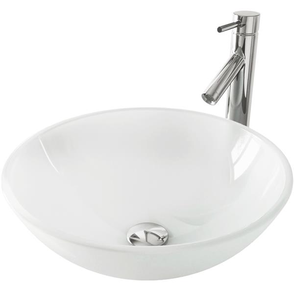 VIGO Glass&nbsp;17-in dia. White Round Vessel Bathroom Sink with Dior Faucet/Drain - Chrome