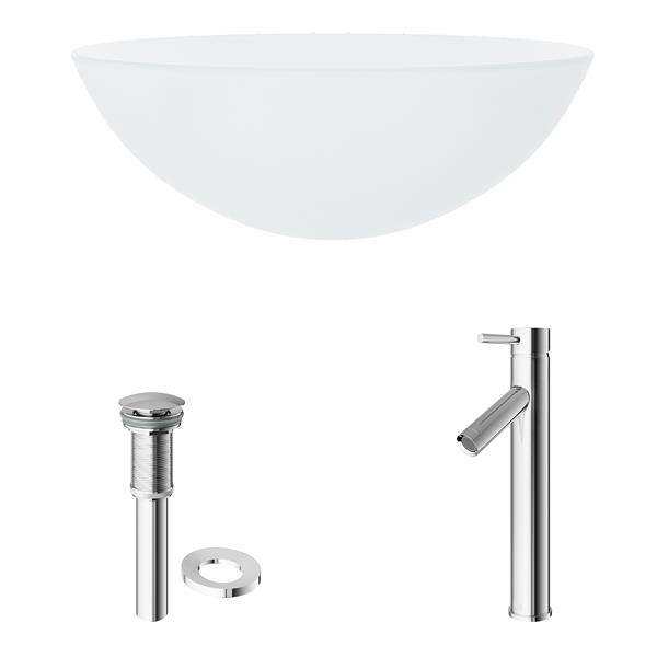 VIGO Glass&nbsp;17-in dia. White Round Vessel Bathroom Sink with Dior Faucet/Drain - Chrome