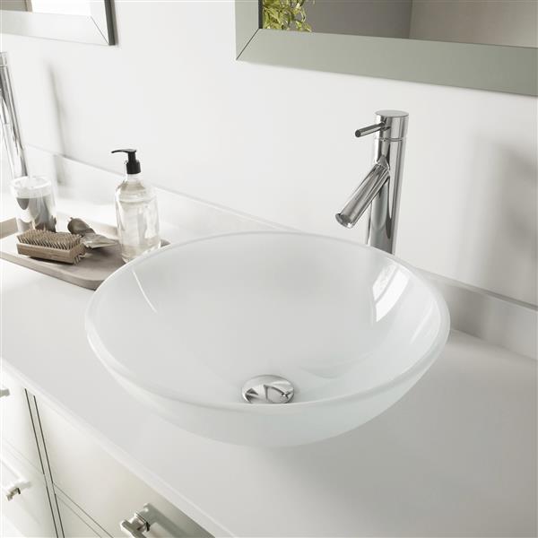 VIGO Glass&nbsp;17-in dia. White Round Vessel Bathroom Sink with Dior Faucet/Drain - Chrome