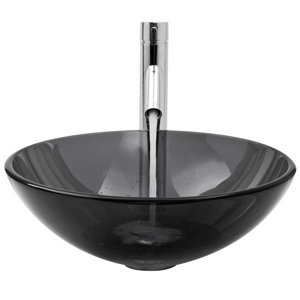 VIGO Glass&nbsp;17-in dia. Black Round Vessel Bathroom Sink with Dior Faucet and Pop-Up - Chrome
