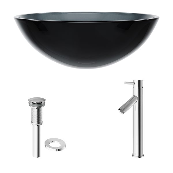 VIGO Glass&nbsp;17-in dia. Black Round Vessel Bathroom Sink with Dior Faucet and Pop-Up - Chrome