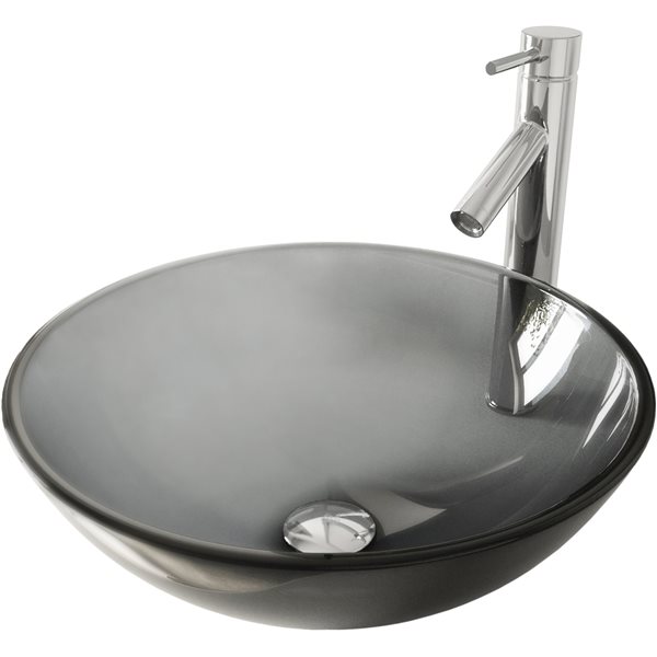 VIGO Glass&nbsp;17-in dia. Black Round Vessel Bathroom Sink with Dior Faucet and Pop-Up - Chrome