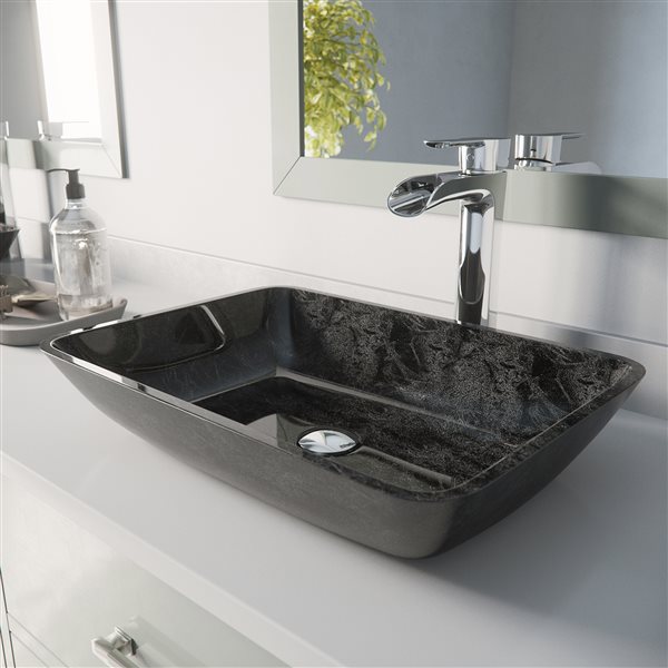 VIGO Glass&nbsp;13-in W x&nbsp;18-in L&nbsp;Onyx Rectangle Vessel Bathroom Sink with Niko Faucet and Pop-Up Drain - Chrome