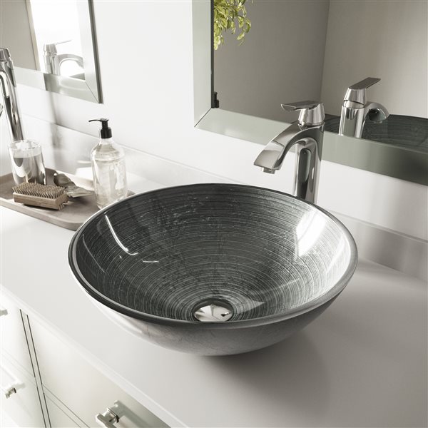 VIGO Giovanni&nbsp;17-in L x&nbsp;17-in W x&nbsp;6-in H Simply Silver Glass Round Vessel Bathroom Sink - Grey