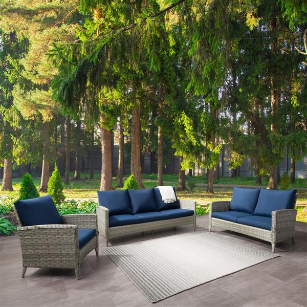 Corliving Rattan Conversation Patio Set, Outdoor Furniture With Navy Blue Cushions