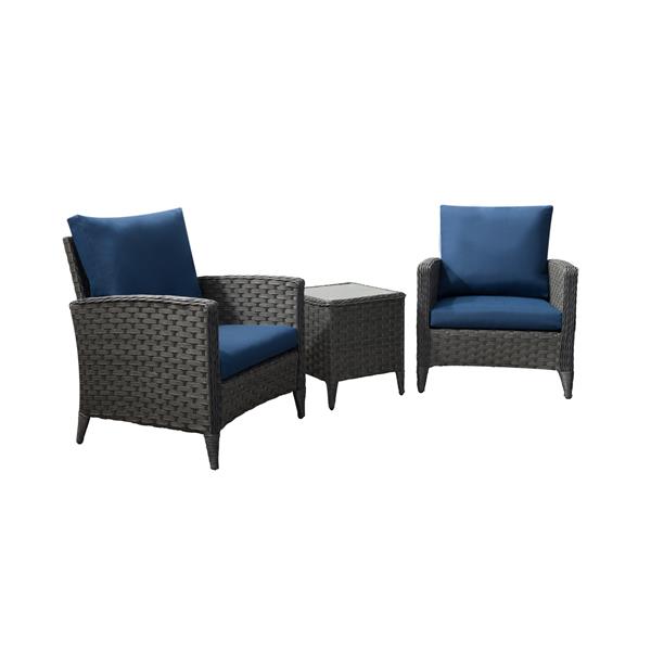 Corliving Rattan Chair Patio Set With Navy Blue Cushions 3pc Pcl