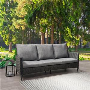 CorLiving Rattan Patio Sofa - Charcoal Grey / Grey Cushions - 76"