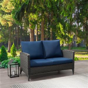 CorLiving Rattan Patio Loveseat - Charcoal Grey / Blue Cushions - 53"