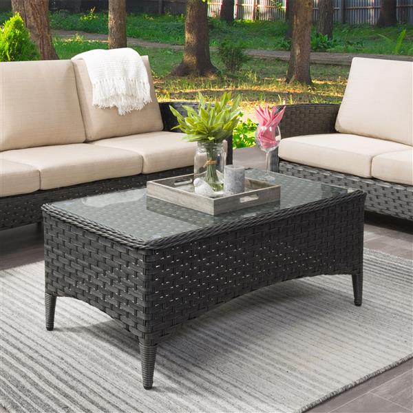 Wide Rattan Patio Coffee Table, Square Glass Patio End Table