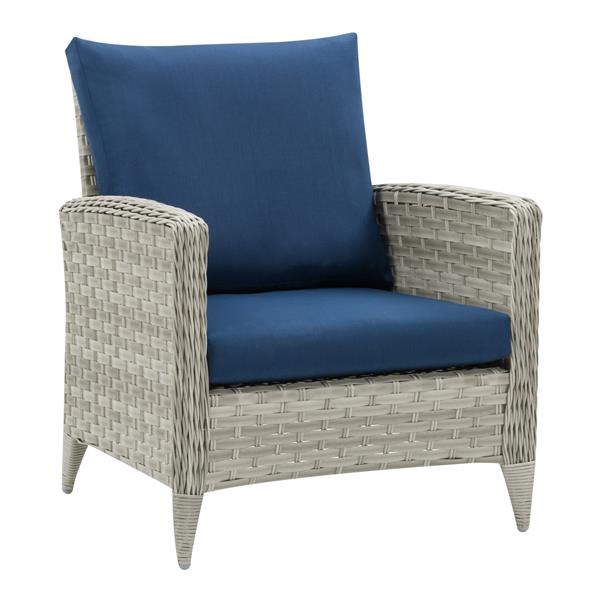 grey wicker with blue cushions