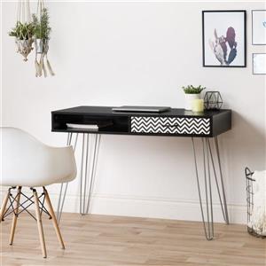 Bureau console tiroir motif chevron et rangement, noir, 42"
