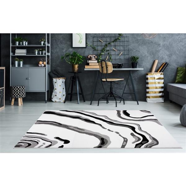 Tapis abstrait moderne «Calvin», 7 pi x 10 pi, blanc/noir