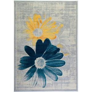 Tapis floral contemporain, 7 pi x 10 pi, bleu sarcelle/jaune