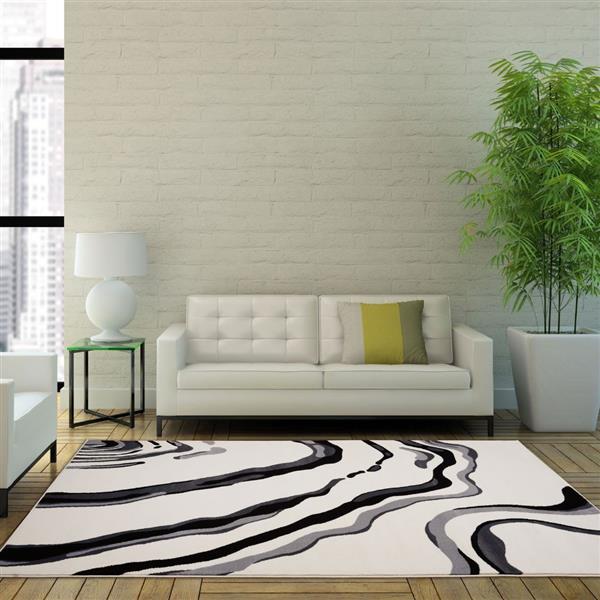 Tapis contemporain abstrait, 7 pi x 10 pi, crème/noir