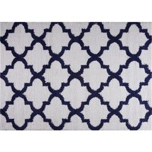 Tapis à poil long abstrait «Fes», 7 'x 10', bleu foncé/blanc