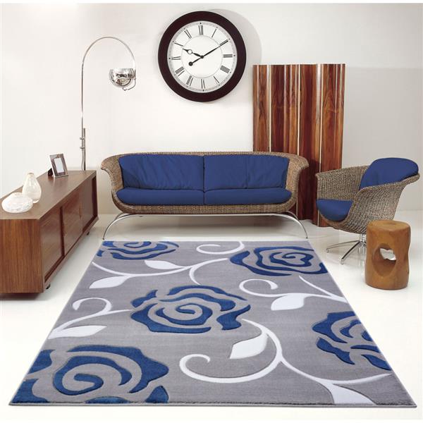 Tapis rose rectangulaire européen, 8 pi x 11 pi, gris/bleu