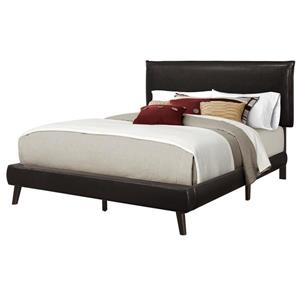 Lit en similicuir brun et pattes en bois, grand lit (Queen)
