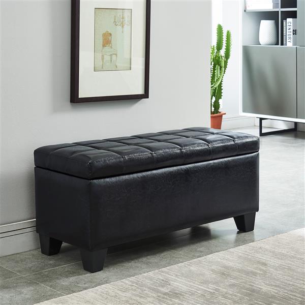 WHI Faux Leather Storage Ottoman - Black - 35.5-in x  14-in