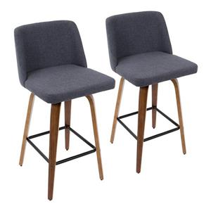 Lumisource Toriano Counter Stool in Walnut & Blue Fabric (Set of 2)
