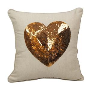 Coussin décoratif paillette coeur, 18" x 18", or