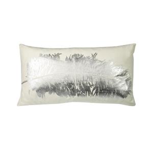Coussin décoratif à motif de plumes, 14" x 26", argent