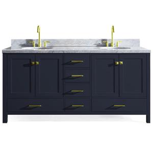 Ariel Cambridge 73-in Midnight Blue Double Sink Bathroom Vanity with White Natural Marble Top