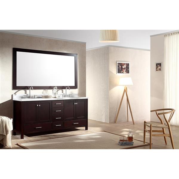 Ariel Cambridge 73-in Espresso Double Sink Bathroom Vanity with White Natural Marble Top