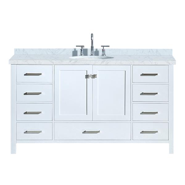 Ariel Cambridge 61-in White Single Sink Bathroom Vanity with White Natural Marble Top