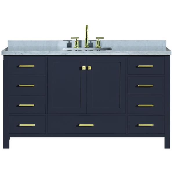 Ariel Cambridge 61-in Single Sink Midnight Blue Bathroom Vanity with White Natural Marble Top