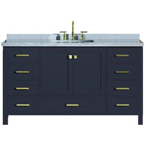 Ariel Cambridge 61-in Single Sink Midnight Blue Bathroom Vanity with White Natural Marble Top