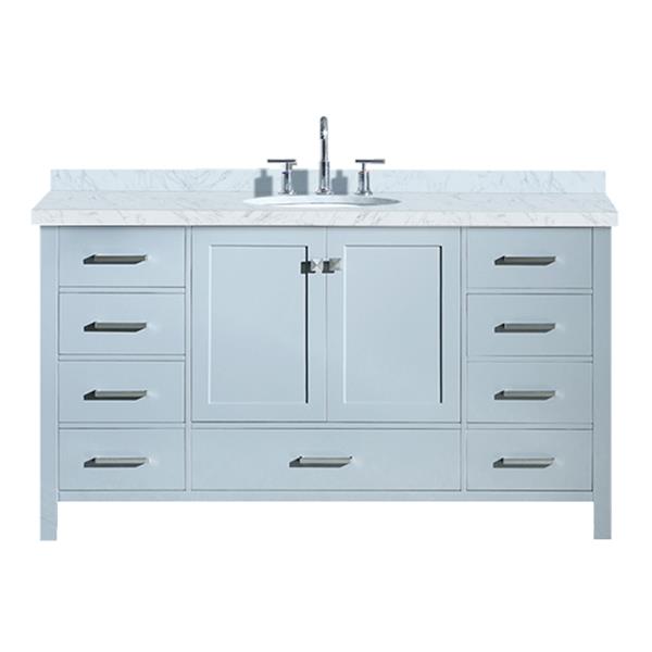 Meuble-lavabo simple gris de 61 po Cambridge par Ariel avec comptoir en marbre naturel blanc