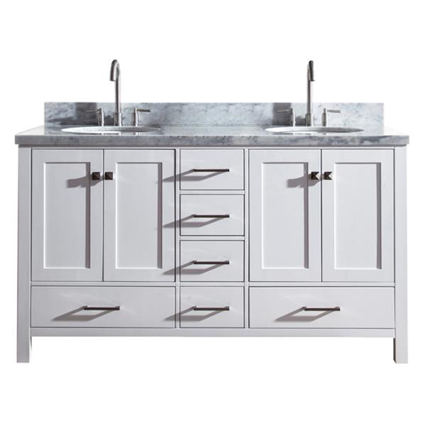 Ariel Cambridge 61-in White Double Sink Bathroom Vanity with White Natural Marble Top