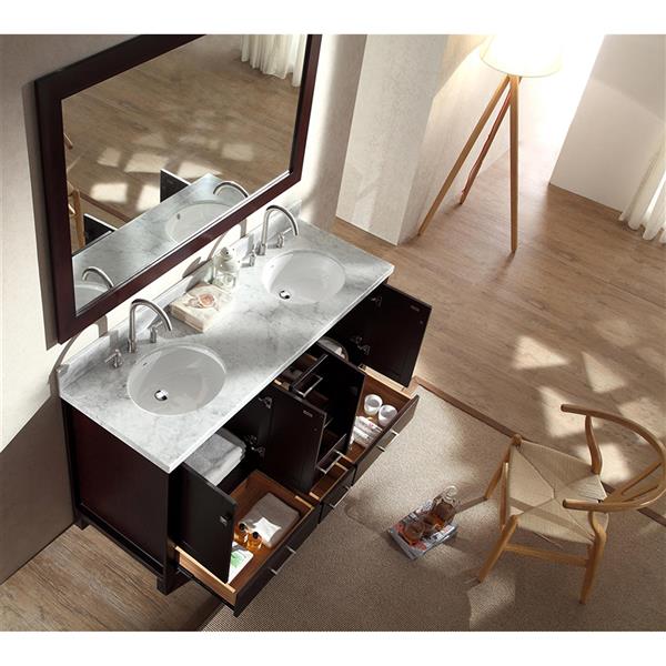 Ariel Cambridge 61-in Espresso Double Sink Bathroom Vanity with White Natural Marble Top