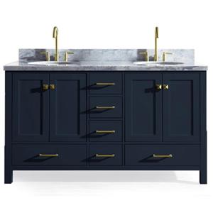 Ariel Cambridge 61-in Midnight Blue Double Sink Bathroom Vanity with White Natural Marble Top