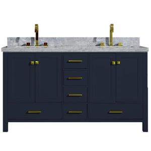 Ariel Cambridge 61-in Double Sink Midnight Blue Bathroom Vanity with White Natural Marble Top