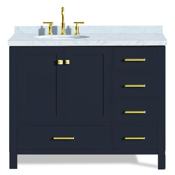 Ariel Cambridge 43-in Midnight Blue Left Offset Single Sink Bathroom Vanity with Carrera White Natural Marble Top