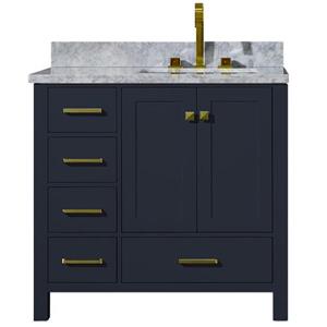Ariel Cambridge 37-in Midnight Blue Right Offset Single Sink Bathroom Vanity with Carrera White Natural Marble Top