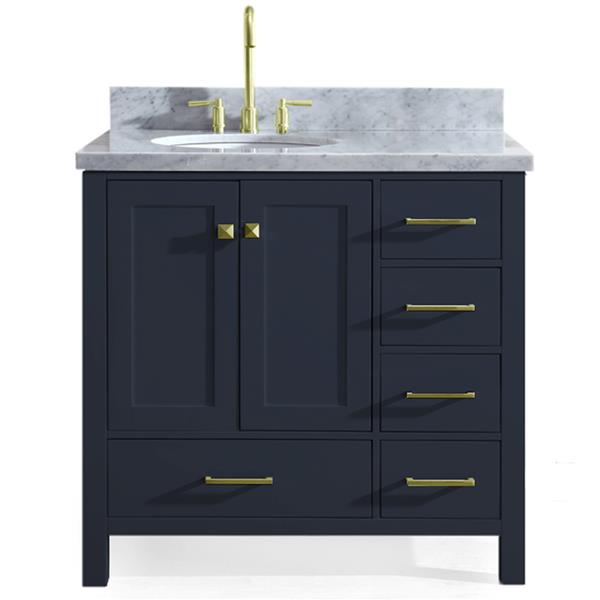 Ariel Cambridge 37-in Midnight Blue Left Offset Single Sink Bathroom Vanity with Carrera White Natural Marble Top