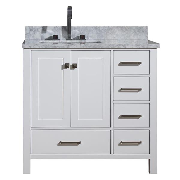 Ariel Cambridge 37-in White Left Offset Single Sink Bathroom Vanity with Carrera White Natural Marble Top